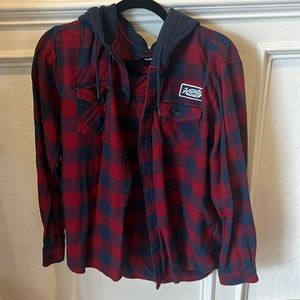 Hurley Mens Hooded Long Sleeve Flannel Shirt Blue Red Plain Size Large